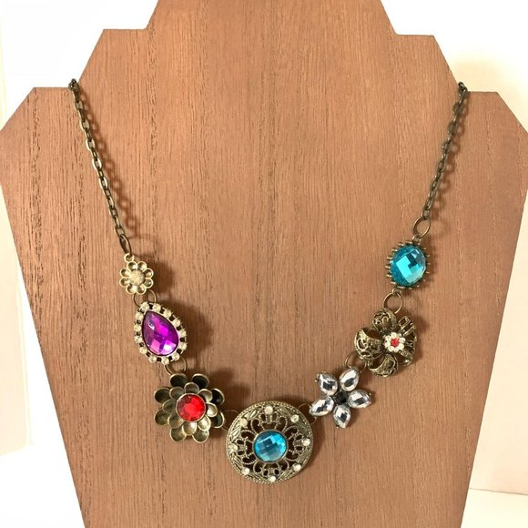 Gold Tone Multi Colored Crystal Statement Necklace - Picture 3 of 7
